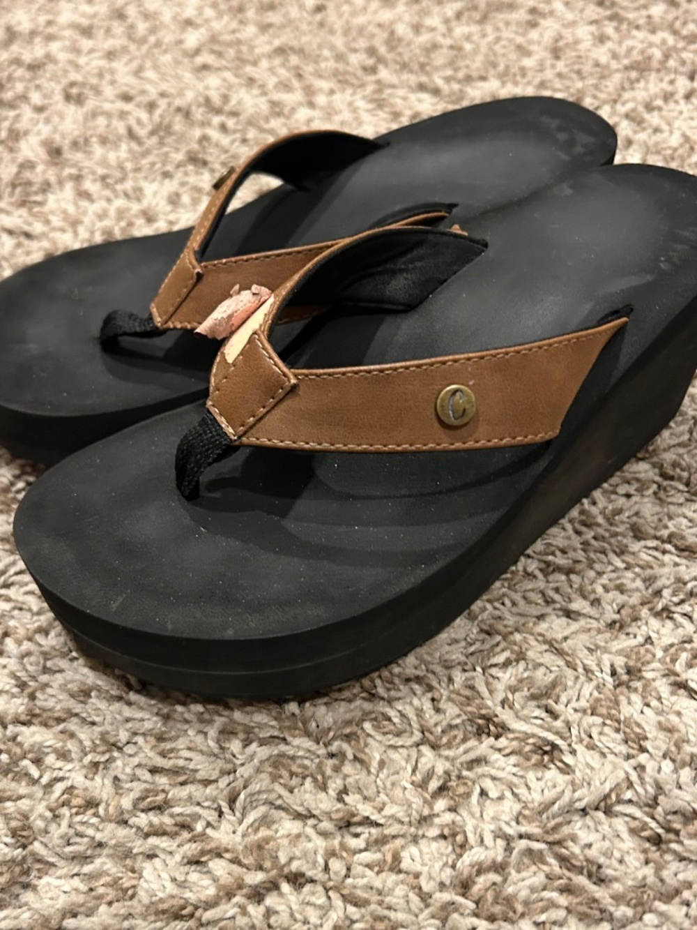 Vintage Y2K Black Platform Wedge Flip Flops Brown Straps Approx Size 7